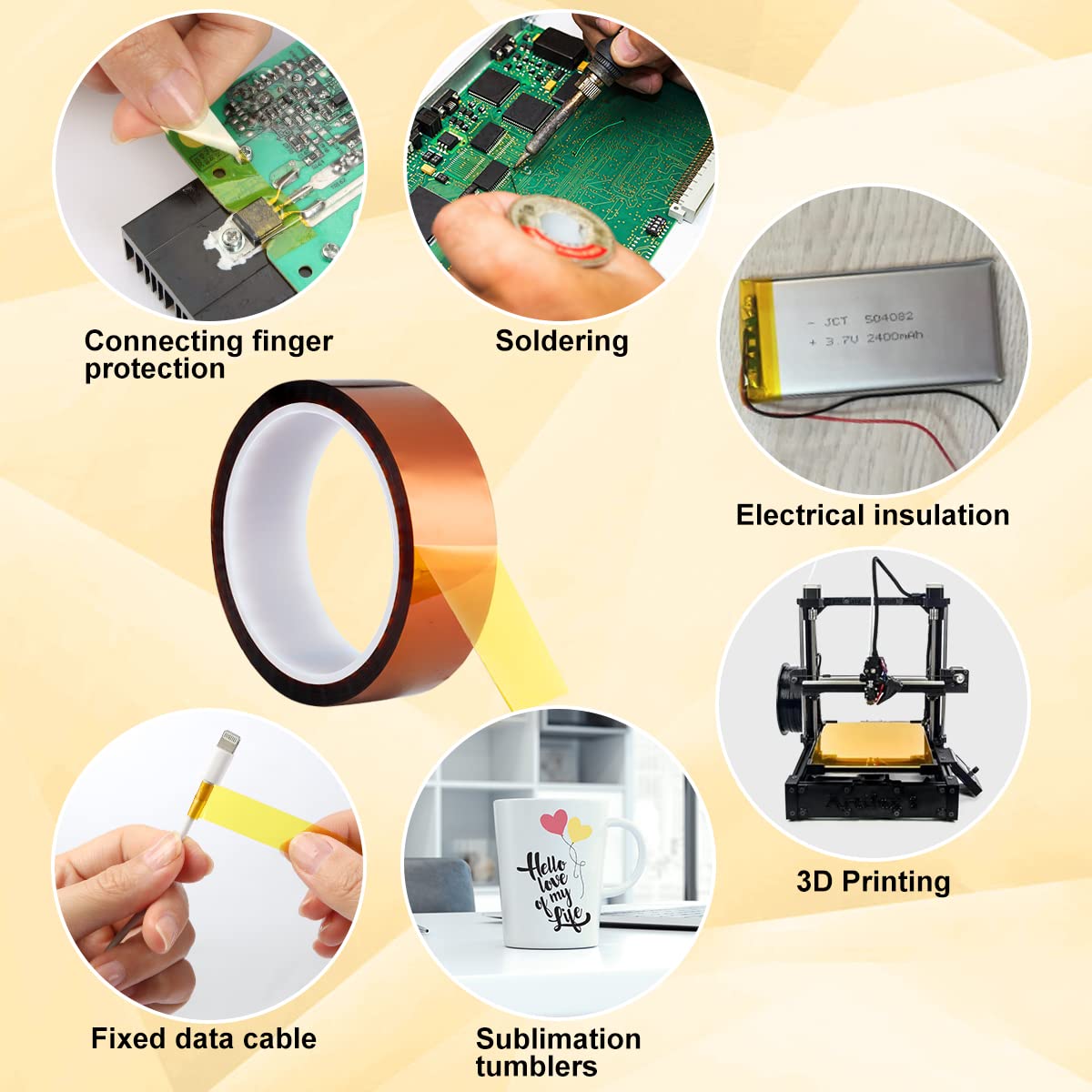 CoYlBod Polyimide Film Adhesive Tape High Temperature Tape 1 inch (25.4mm) X 36 Yds,No Residue Heat Resistant Tape for Sublimation, Masking, 3D Printing, Electric Task, Soldering CoYlBod