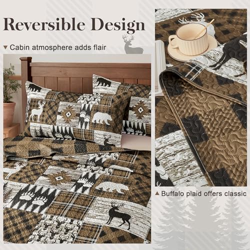3 Piece Cabin Full/Queen Quilt Sets Farmhouse Rustic Reversible Microfiber Soft Lightweight Bedspread Coverlet with 2 Shams Patchwork Country Lodge Bedding Quilts Set for All Season, 90''x96'', Brown Tritard