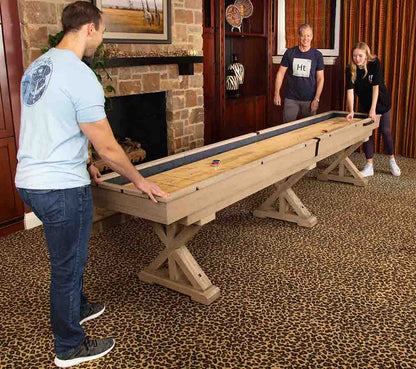 Freetime Fun 12 FT Shuffleboard Table Multi Game Solid Wood Game Tables for Game Room - Shuffle board Bowling Pin Set, Pucks, Wax and Brush - Two 6 FT Pieces - WoodArtSupply