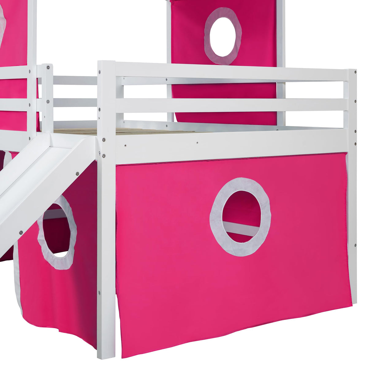 Ball & Cast Full Size Loft Bed with Slide and Tower,Loftkbed w/Ladder & Full-Length Guardrails,Slat Support,No Box Spring Needed,Space Saving,Slat Support,Bedframe for Child's Bedroom,Pink Ball & Cast