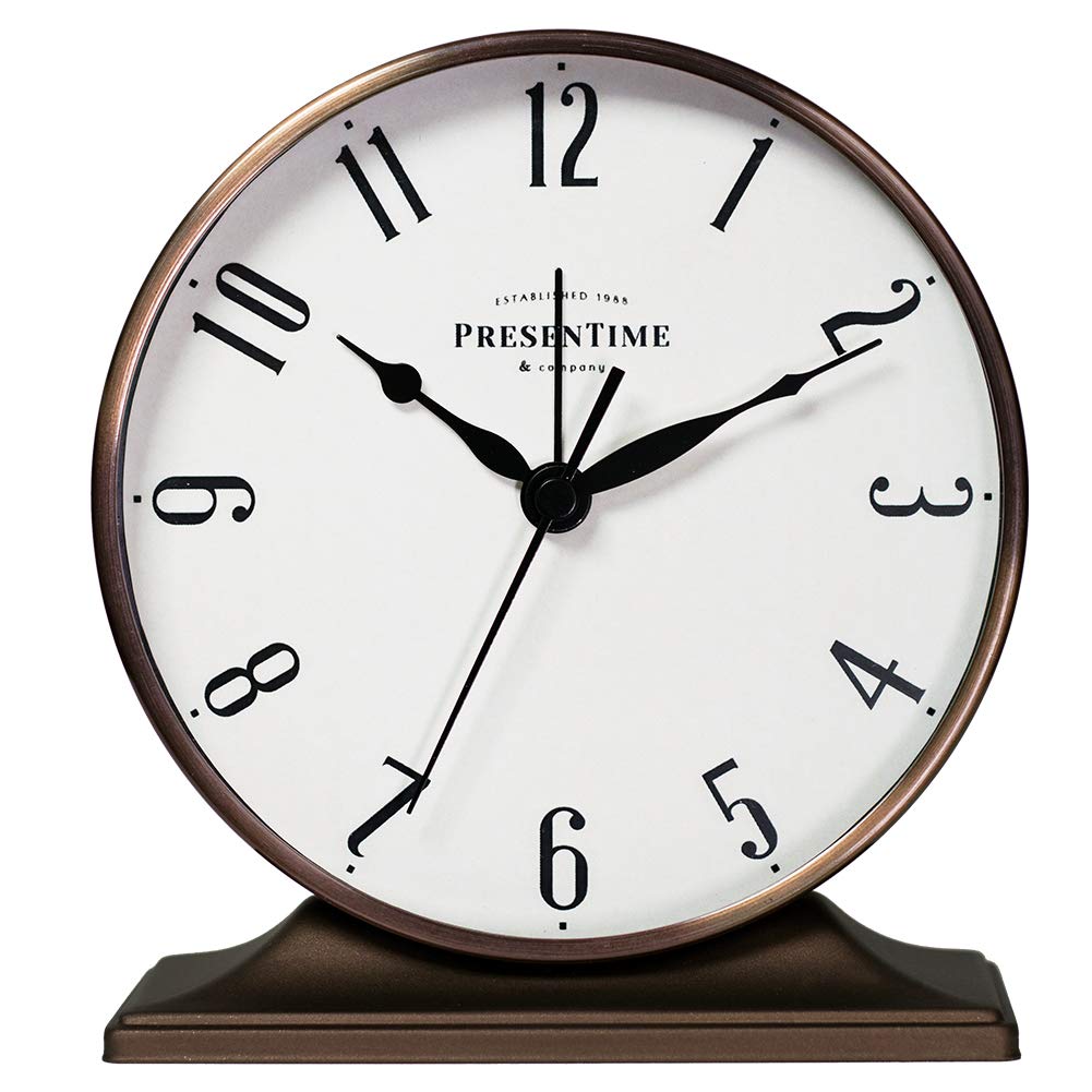Presentime & Co Lewis Mantel Alarm Clock, Desk and Shelf Clock, Tabletop Decoration, 5.5 x 5 inch, Silent no Ticking, Metal Base, Bronze Finish, Arabic Numeral Presentime