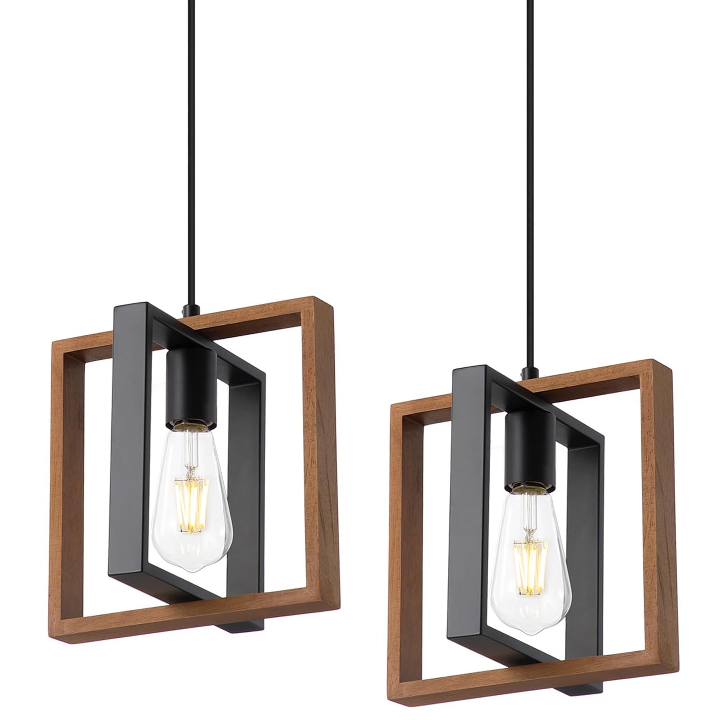 9MMML Wood Pendant Light Kitchen Island Set of 2, Farmhouse Hanging Lamp with 62'' Height Adjustable Cord, Small Ceiling Pendant Light Fixture for Dining Room, Entryway, Foyer(E26 Bulb Base) - WoodArtSupply