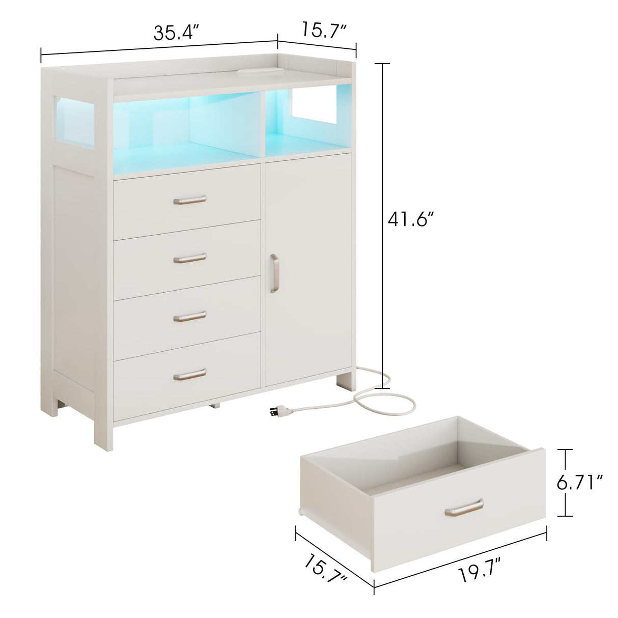 Whalefall 4-Drawer Tall Dresser with Charging Station & LED Lights - Modern Wood Chest of Drawers for Bedroom, Living Room, Hallway, or Entryway, Sturdy Storage Furniture (White) Whalefall