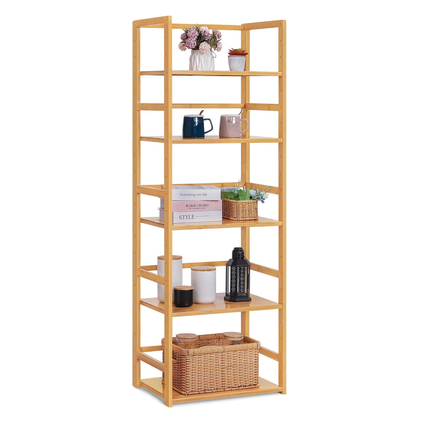 MoNiBloom Bamboo 5 Tier Bookshelf Bookcase Shelf Storage Organizer, Free-Standing Utility Plant Flower Rack for Living Room Office Bedroom Kitchen, Natural