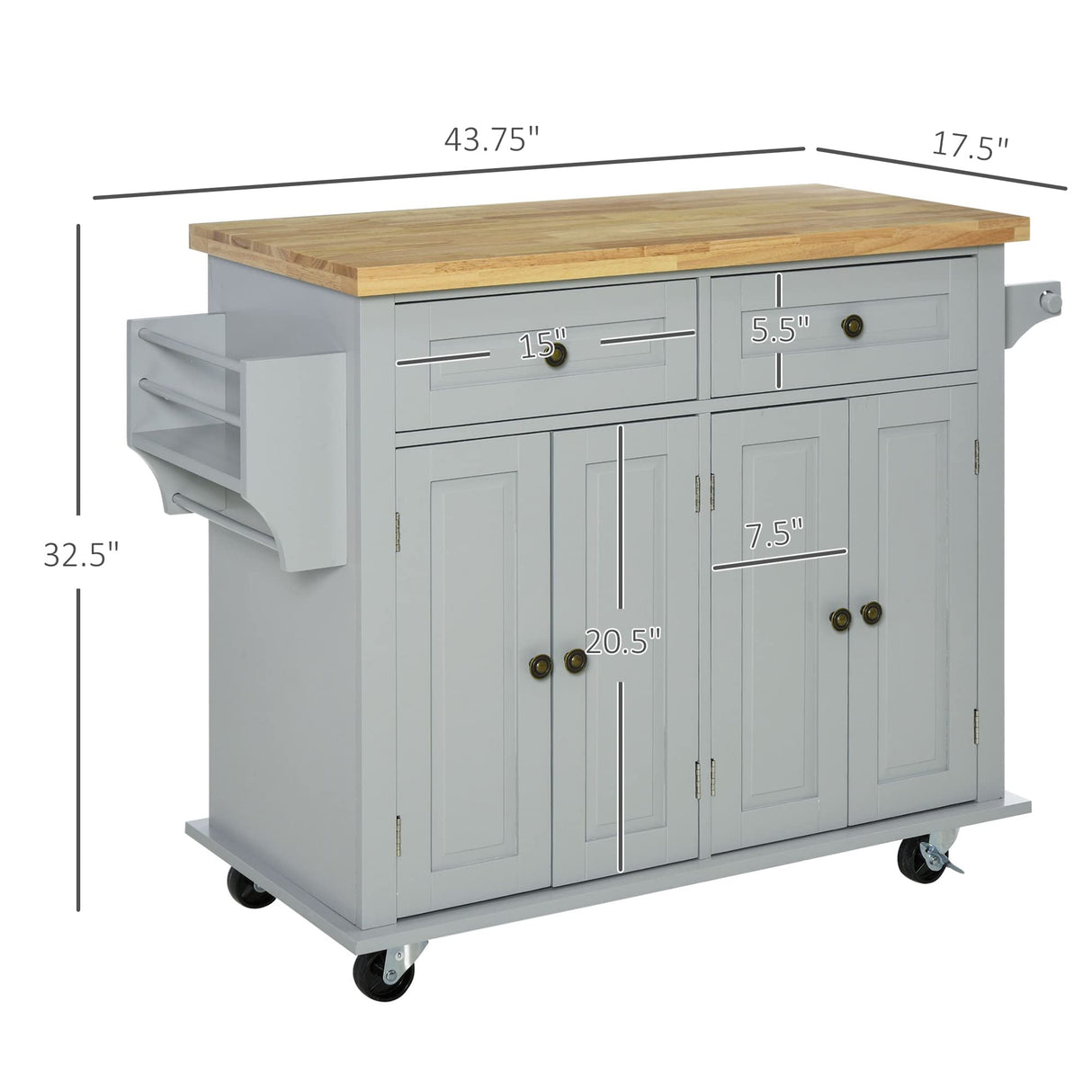 HOMCOM Kitchen Island on Wheels, Rolling Cart with Rubberwood Top, Spice Rack, Towel Rack and Drawers for Dining Room, Grey HOMCOM