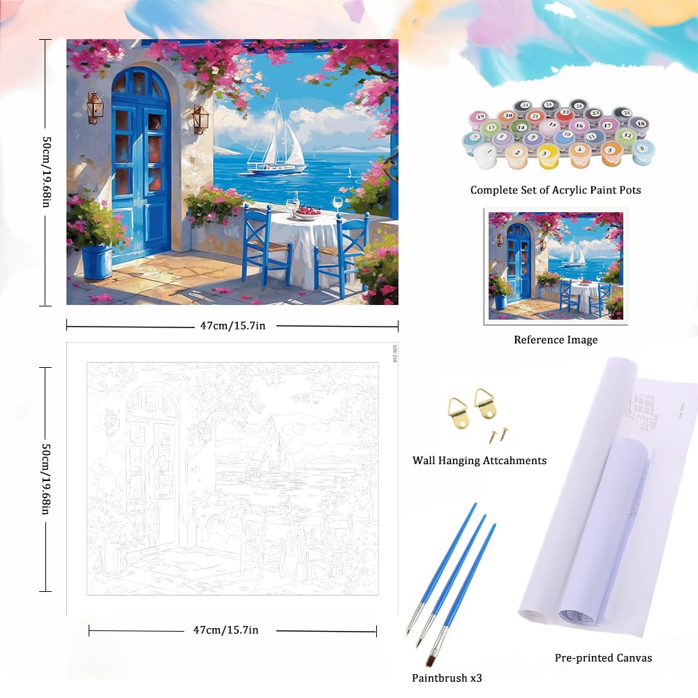 Natuyalo Paint by Numbers Kit for Adults Beginners, 16" Wx20 L Canvas Pictures Drawing Acrylic Paintwork with 3 Pcs Paintbrushes, Seaside Cityscape Natuyalo