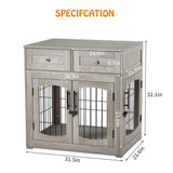 Dog Crate Furniture with Double Drawers, Wooden End Table Dog Kennel, Furniture Style Wood House Crate for Small/Medium/Large Dogs, Decorative Dog Crate with Storage for Large Breed, 32 Inch,Gray IDEALHOUSE