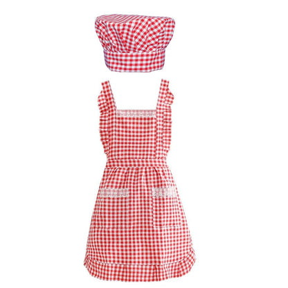 GIGGSKZE Plaid Apron Hat Set Cotton Chef Apron with Two Pockets for Cooking Kitchen Gardening Coffee Shops (Red)