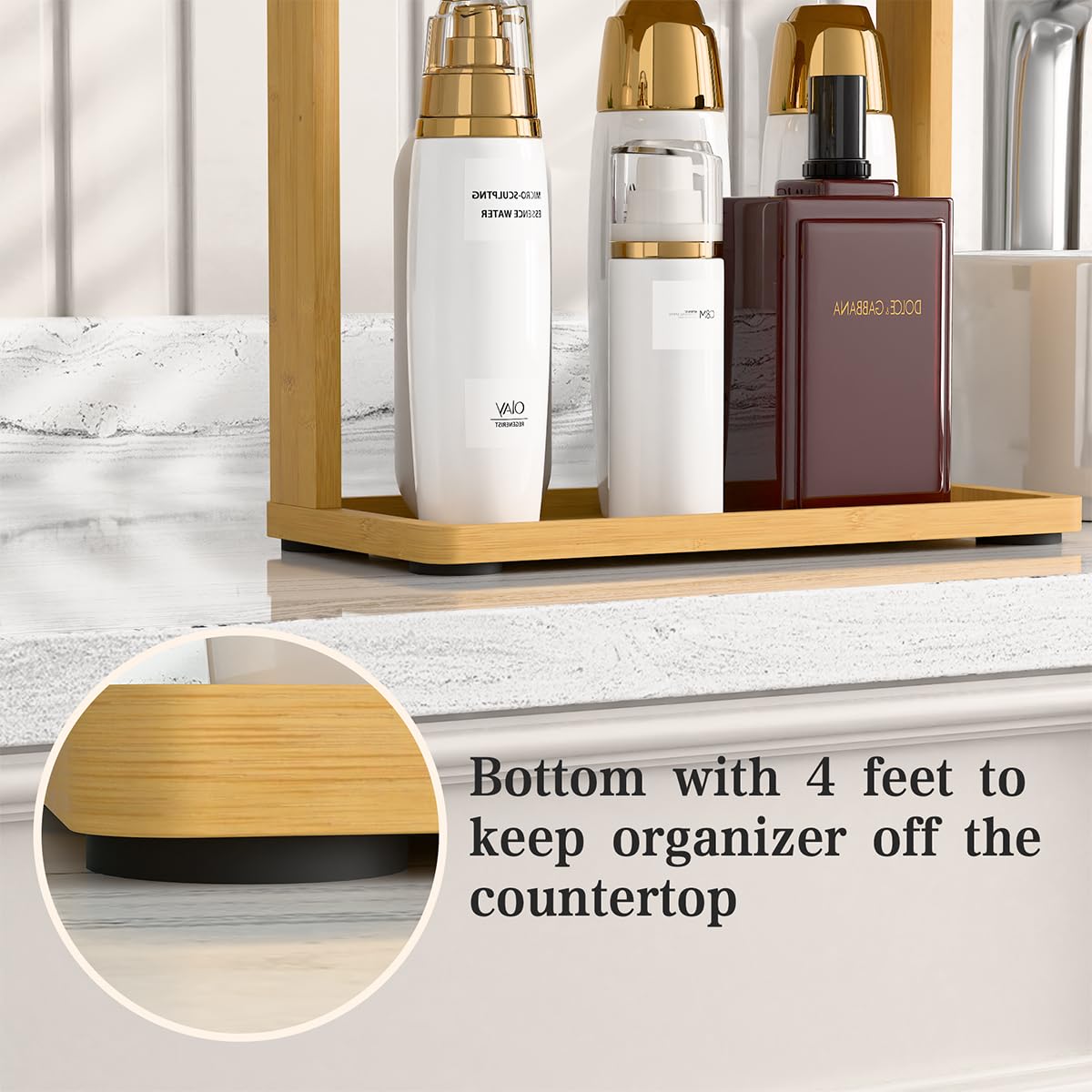 Bamboo Bathroom Organizer Countertop – Small Vanity Storage Shelf for Makeup, Perfume, Skincare – Natural Cosmetics Display Rack for Dresser, Sink, Kitchen – 10.24"x8.46"x5.12" PEKER