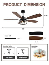 Curve Curio 52 Inch Farmhouse Ceiling Fan with Light and Remote Industrial Ceiling Fan Quiet and Reversible DC Motor Rustic Caged Chandelier Fan for Living Room Bedroom Patio Curve Curio