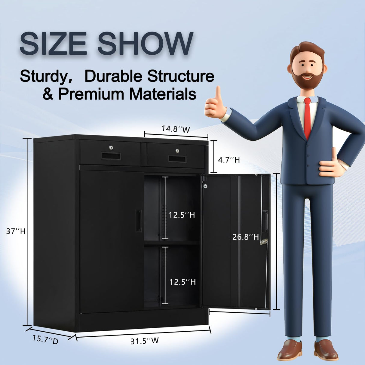YEEZER Metal Storage Cabinet with 2 Drawers. Lockable Steel Storage Cabinet with Doors and Shelve, 37”H Office Cabinet for Home, Garage, Warehouse with Large Storage Space. (Black) YEEZER