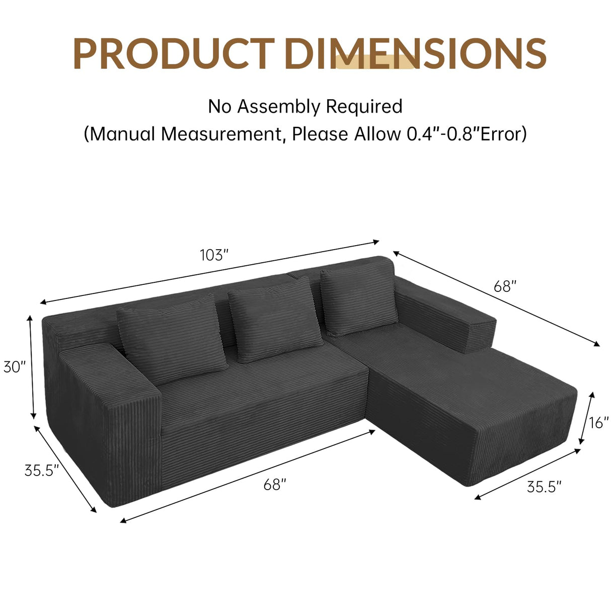 ANONER 103" Cloud Sectional Couch with L-Shape Chaise, Modern Minimalist Modular Sofa with Deep Seat, Free Combination Cloud Couches for Living Room Apartment, No Assembly Required, Dark Grey ANONER