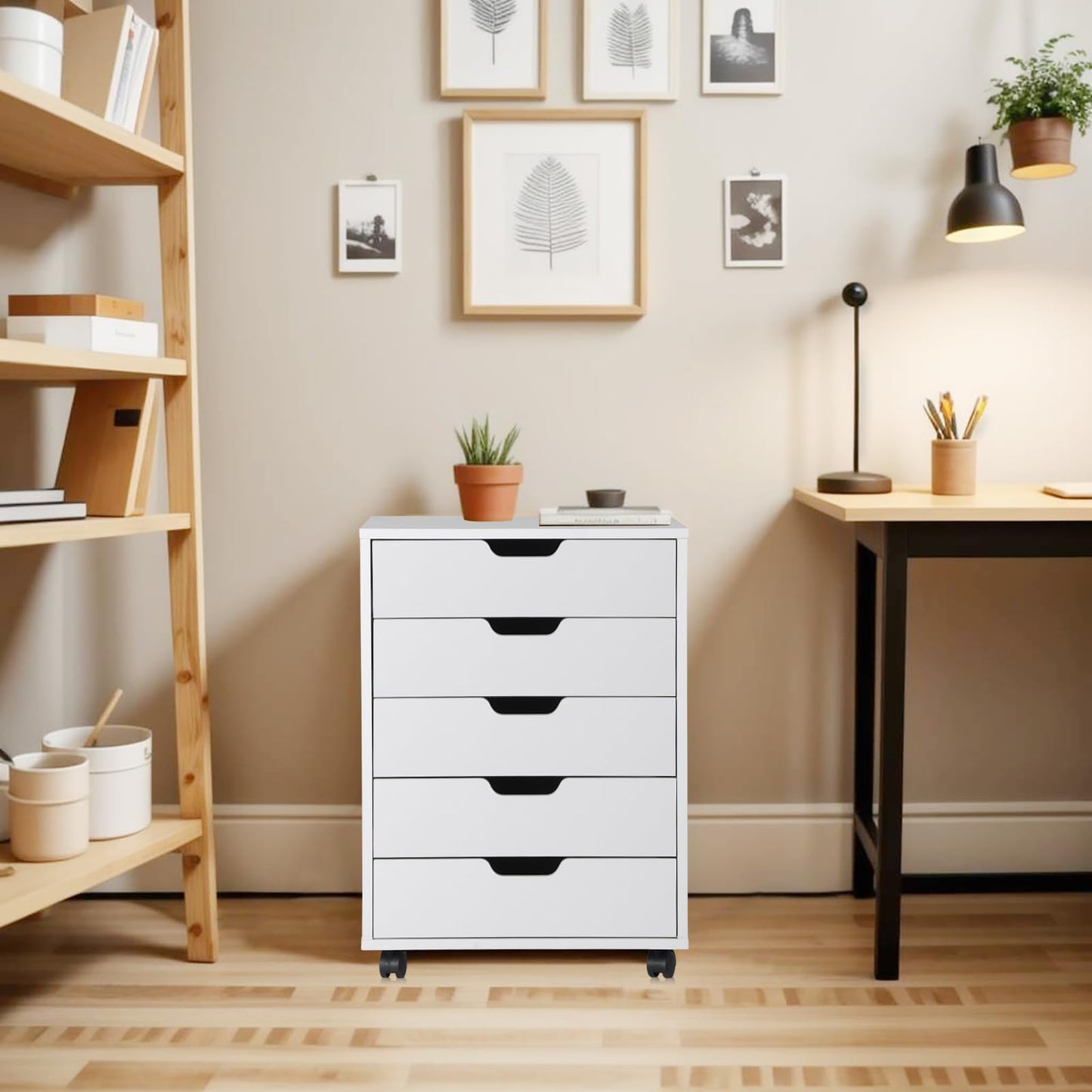 Saicool 5 Drawer Chest Storage Cabinet Dresser, Wood Nightstand, Mobile Organizer Drawers for Office Bedroom Hallway Entryway Closets,White - WoodArtSupply