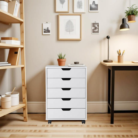 Saicool 5 Drawer Chest Storage Cabinet Dresser, Wood Nightstand, Mobile Organizer Drawers for Office Bedroom Hallway Entryway Closets,White Saicool