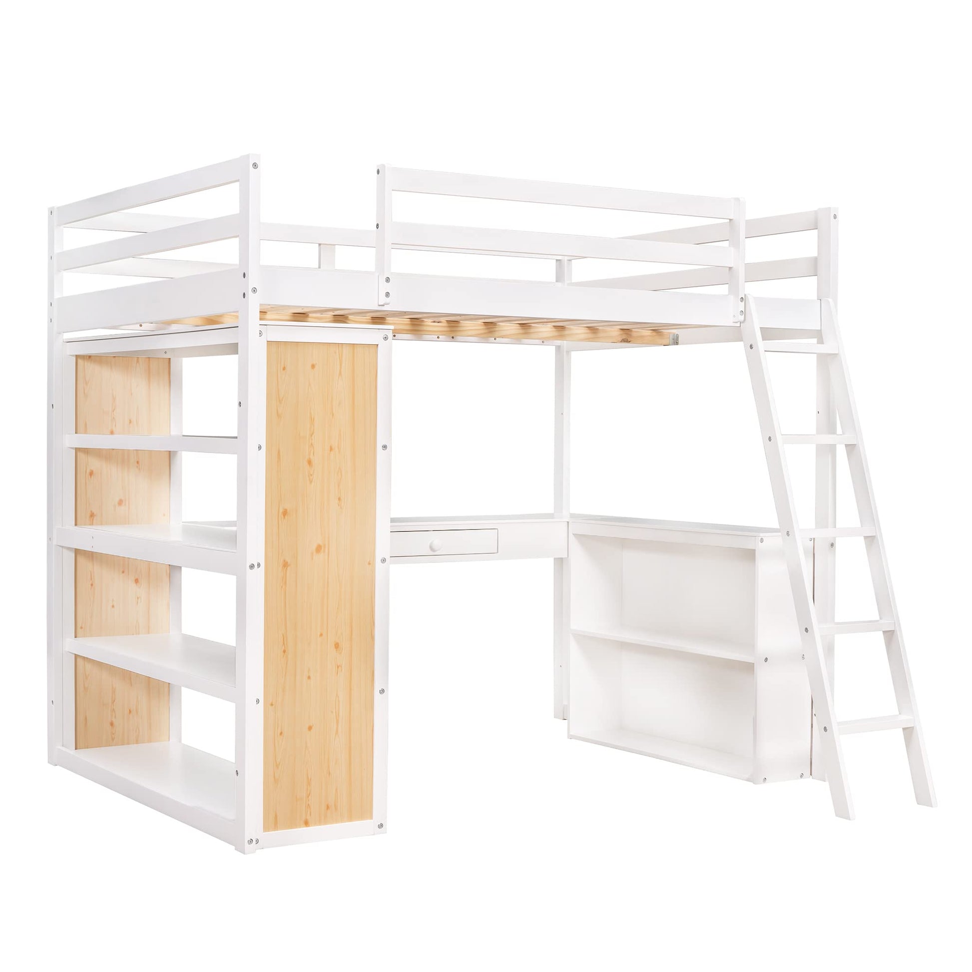 Versatile Full Size Loft Bed with Desk, Shelves, Drawer and Ladder – Solid Wood Frame in White - WoodArtSupply