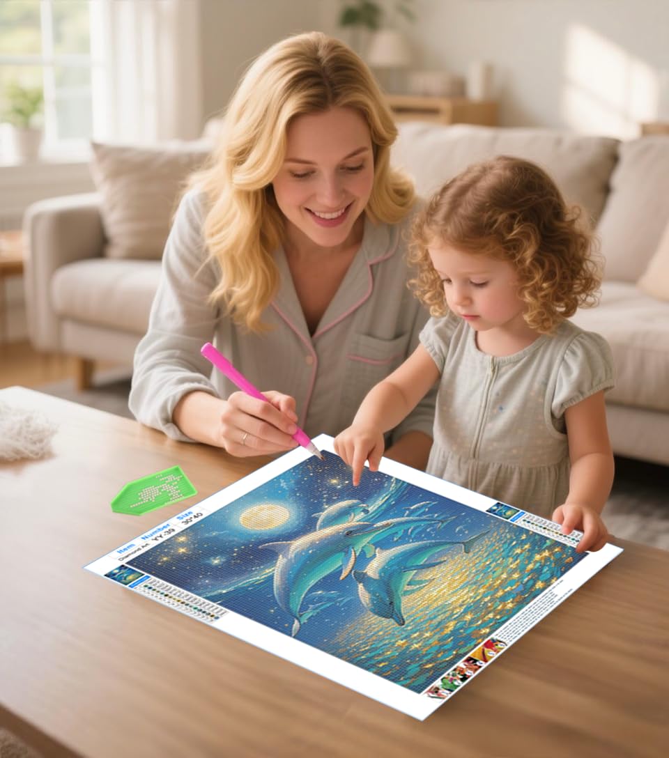 Dolphin 5D Diamond Painting Kit for Adults，Moonlit Ocean Full Drill DIY Round Gem Art Diamond Art Kits Painting Crafts Ideal for Beginners and Home Wall Decor 12X16inch PUSHPIN PAINTING