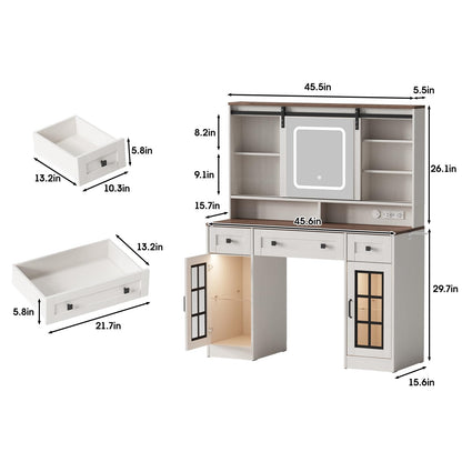 Fameill 45.5'' Farmhouse Makeup Vanity Desk with Sliding Mirror, Vanity Table with 3 Drawers and 2 Cabinets, Charging Station & LED Lights, Storage Shelves, Stool Included, Dressing Table for - WoodArtSupply