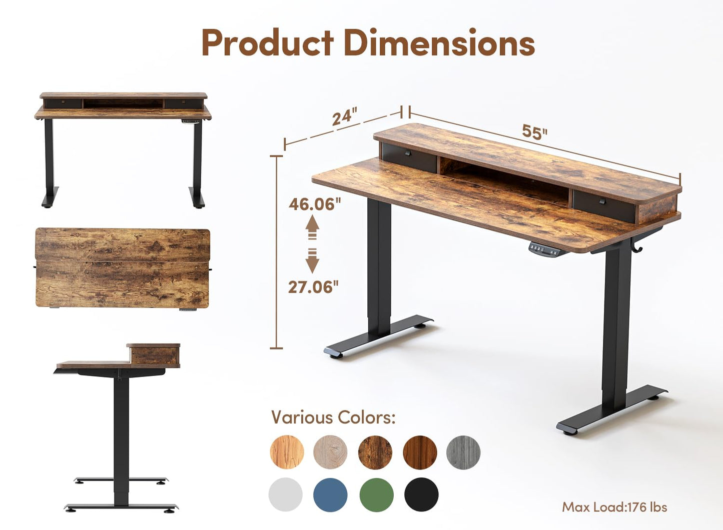 BANTI 55x24 Inch Electric Standing Desk with Double Drawers, Adjustable Height Stand Up Desk, Sit Stand Home Office Desk with Storage Shelf, Rustic Brown Top - WoodArtSupply