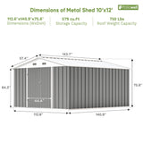 Patiowell 10 x 12 FT Metal Storage Shed for Outdoor, Steel Yard Shed with Design of Lockable Doors, Utility and Tool Storage for Garden, Backyard, Patio, Outside use, Gray Patiowell