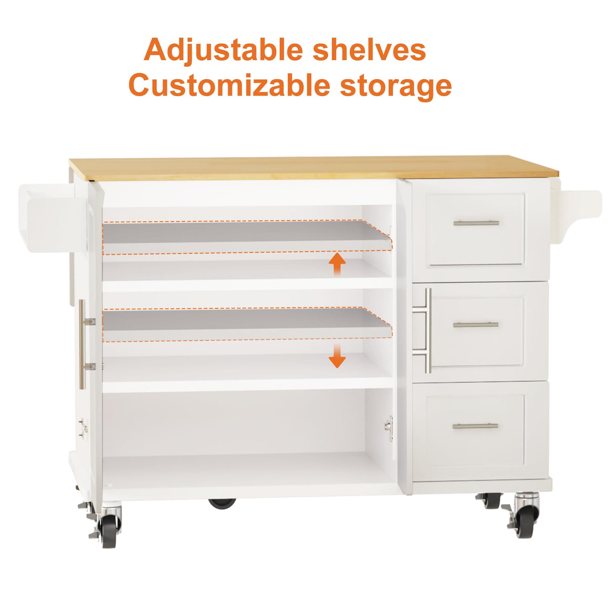 HiDSLiving Kitchen Island 54" Large Rolling Kitchen Island Cart On Wheels with Drop Leaf 3 Drawers 1 Cabinet,Spice Towl Rack Mobile Kitchen Table with Storage, White HiDSLiving