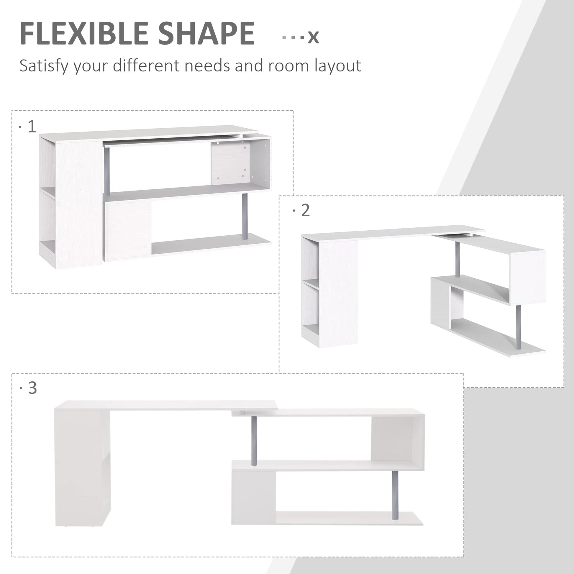 HOMCOM 55" Rotating L-Shaped Corner Desk with 3-Tier Storage Shelves in White - WoodArtSupply