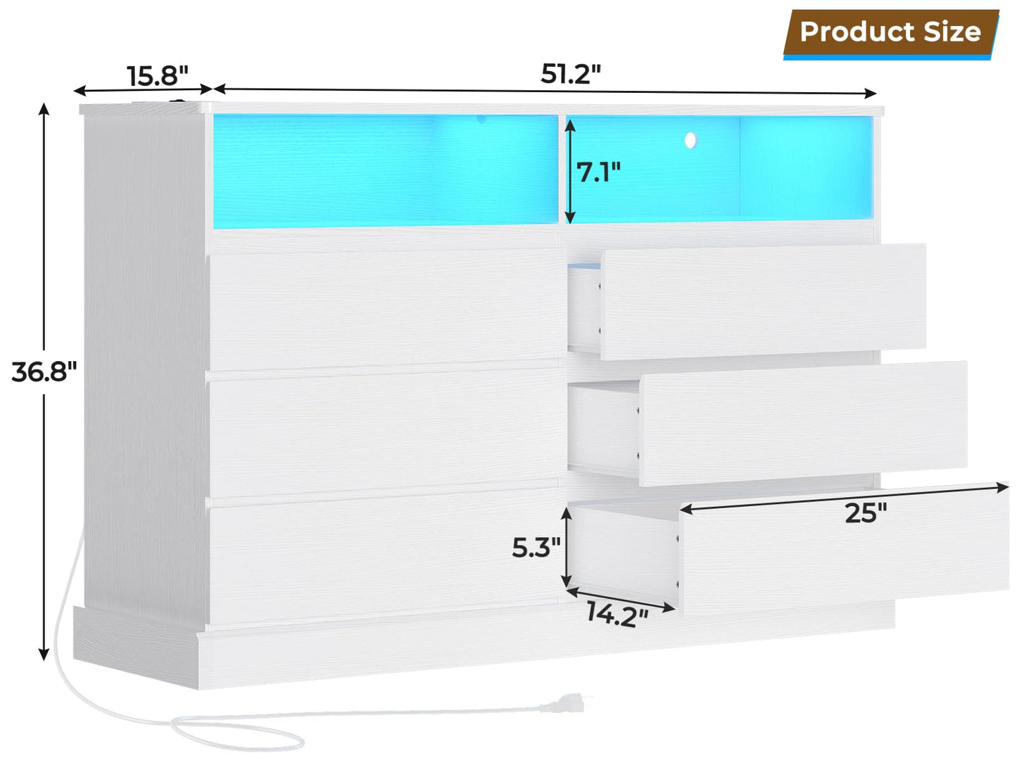 Hasuit White Dresser for Bedroom with LED Lights and Charging Station, 51.2" Long Dresser Chest of Drawers with Large Drawers and Open Space, Modern 6 Drawer Dresser for Bedroom, Living Room, - WoodArtSupply