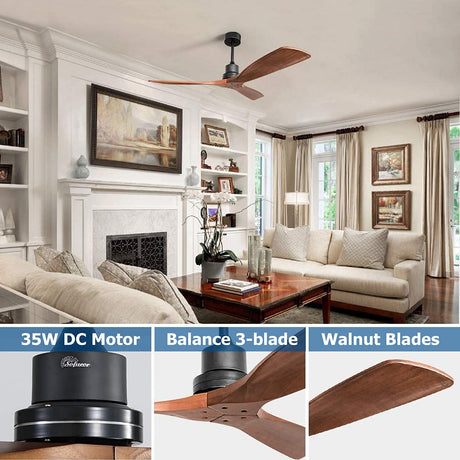 Sofucor Walnut Ceiling Fan, Solid Wood 3 Blade Ceiling Fans, Wood Ceiling Fan No Light, 52'' Ceiling Fan Without Light for Living Room & Covered Outdoor, Brown Sofucor