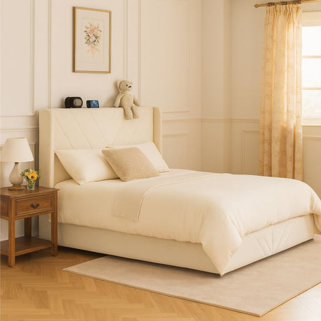 COMHOMA King Size Metal Bed Frame with Upholstered Headboard,Storage Drawers,USB & Type-C Charging Ports,No Box Spring Needed,White COMHOMA