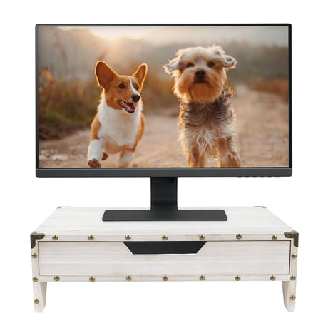 Ikee Design Wooden 2 Tier Monitor Stand with Drawer,Wood Desktop Stands for Laptop ,TV, Computer Riser,Wooden Clutter-Free Desk Stand with Storage Organizer,16 1/2 W x 10 1/4 D x 5 1/8 H in, White Ikee Design