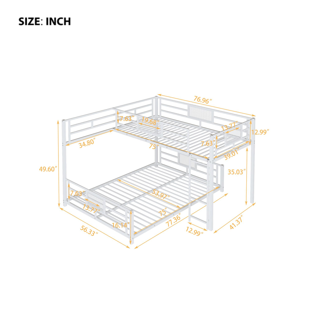 Heavy Duty Bunk Beds Twin Over Full Size, L-Shaped Bunk Bed with Full Length Guardrail and Ladder, Twin Over Full Bunk Bed on Box Spring Needed, White Bunk Bed Twin Over Full Bellemave