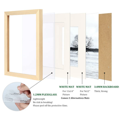 Egofine 12x16 Picture Frame Natural Wood with Plexiglass Made of Solid, Display Pictures 9x12/11x14 with Mat or 12x16 Without Mat for Tabletop and Wall Mounting Egofine