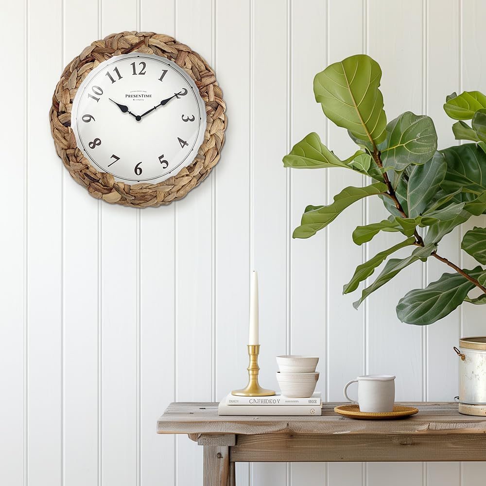 Presentime & Co Farmhouse Series, Rustic Woven Clock, 10.5 inch, Natural Woven Water Hyacinth/Sea Grass. Wall Sculpture, Wall Art and Timepiece for Home Decoration/Decoration/Farmhouse Décor. Presentime