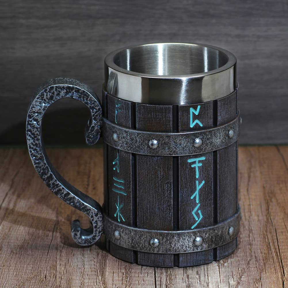 nordic viking rune mug Beer tankard Cup for men viking gift norse decor stainless steel wooden viking coffee cool mug viking gift for men beer cup stein - WoodArtSupply