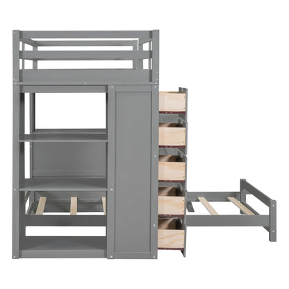 JIVOIT L-Shaped Twin Over Twin Bunk Bed with LED Light, USB Ports, Desk, Drawers, and Open Shelves in Gray - WoodArtSupply