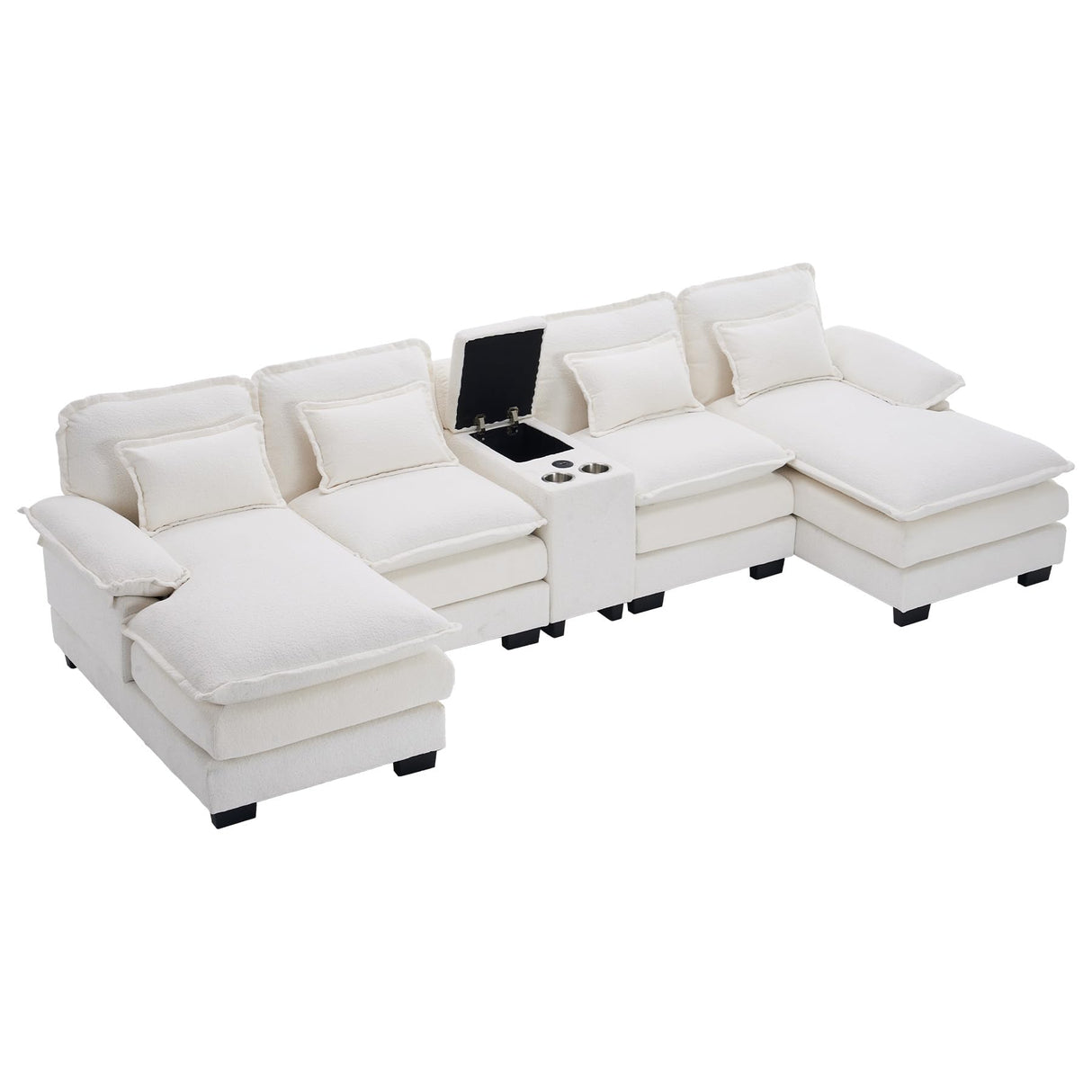 ONEMMLION U Shaped Cloud Couch Sectional Sofa, 124" Comfy Fluffy Chenille White Sectional Couches for Living Room with Double Chaise Lounge, Modern Modular Sectional Sofa with Central Console USB Port ONEMMLION