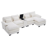 ONEMMLION U Shaped Cloud Couch Sectional Sofa, 124" Comfy Fluffy Chenille White Sectional Couches for Living Room with Double Chaise Lounge, Modern Modular Sectional Sofa with Central Console USB Port ONEMMLION