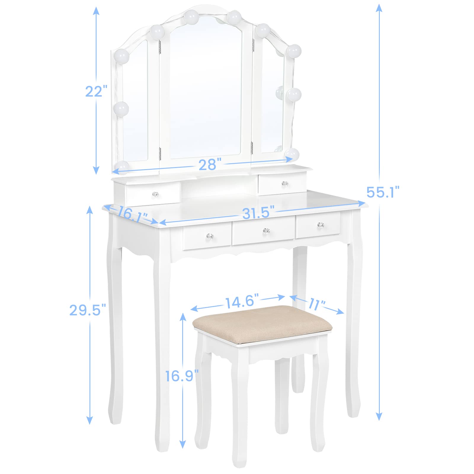 Tiptiper Makeup Vanity with Lights, Vanity Desk with Lighted Mirror and Stool, Vanity Table Set with 5 Drawers, 3 Light Settings, Adjustable Brightness, White - WoodArtSupply