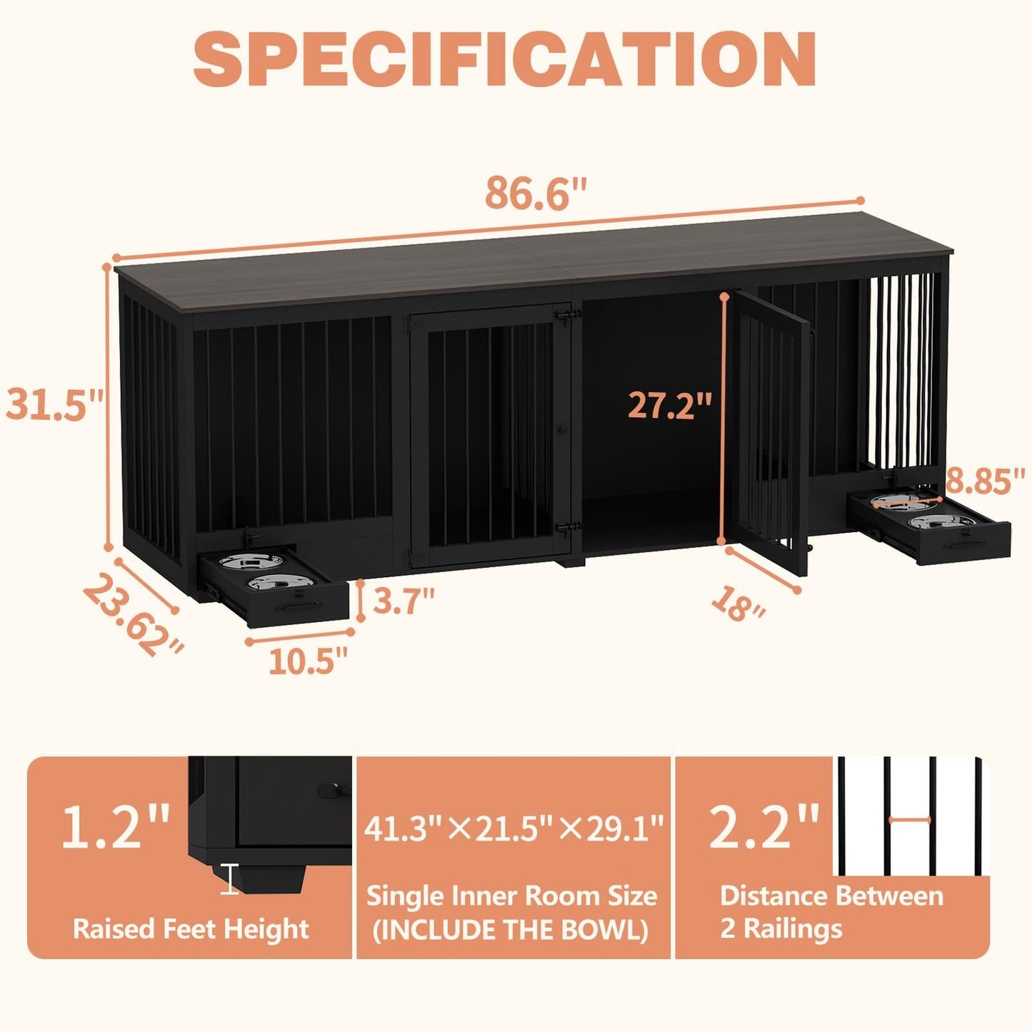 DAWNSPACES Furniture Style Large Dog Crate for 2 Dogs, 86.6" Heavy Duty Wooden Dog Kennel with Dog Bowl Drawers & Divider, Indoor Furniture Style Dog Kennel for Large Medium Dogs, Black