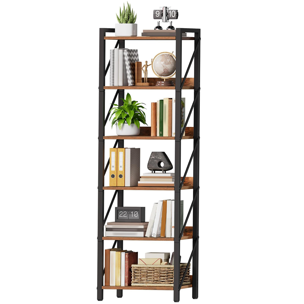 HOOBRO Bookshelf, 6-Tier Industrial Bookcase, Book Shelf Storage Organizer, Tall Bookshelf with Metal Frame for Living Room, Bedroom, Home Office, Kitchen, Rustic Brown and Black BF72SJ01 HOOBRO
