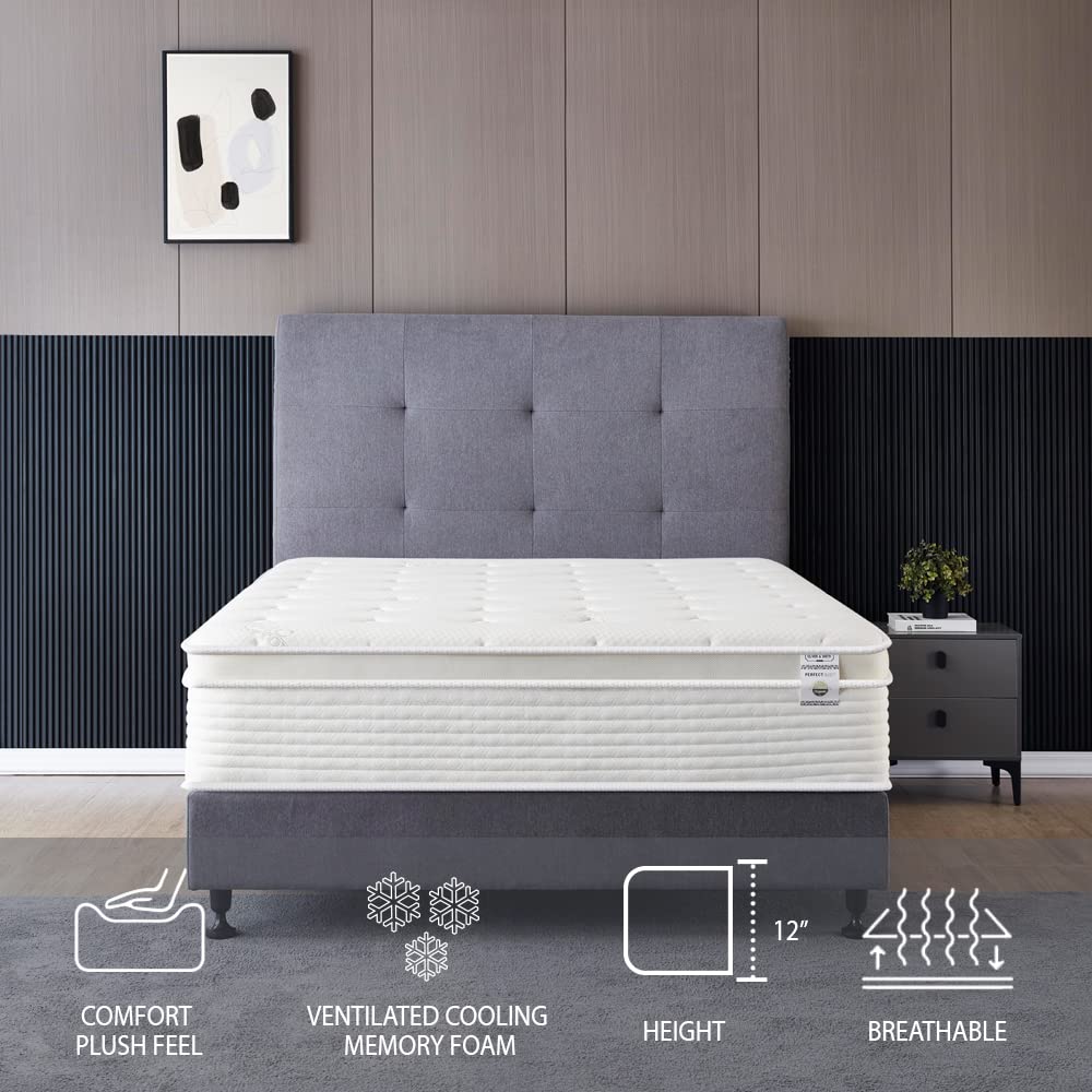 King Size Mattress - 12 Inch Cool Memory Foam & Spring Hybrid Mattress with Breathable Cover - Comfort Plush Euro Pillow Top - Rolled in a Box - Oliver & Smith