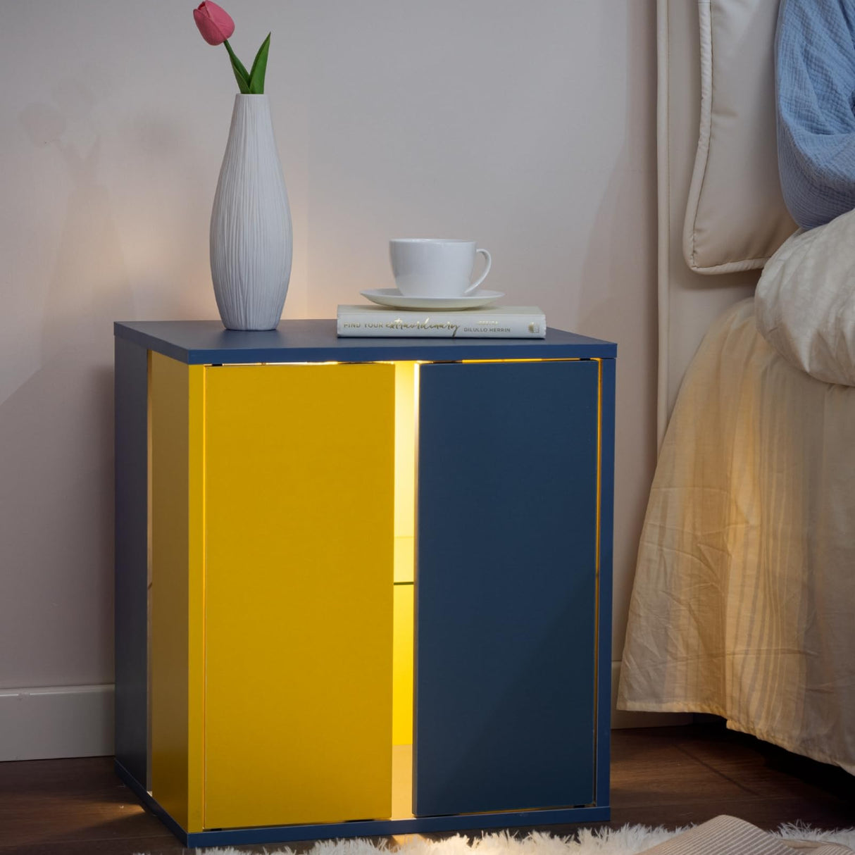 Cubehom Beside Tables LED Nightstands Modern End Tables with Glasses Shelves for Living Room Bedroom Cubehom