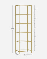 VASAGLE Bookcase, 6-Tier Bookshelf, Slim Shelving Unit for Bedroom, Bathroom, Home Office, Tempered Glass, Steel Frame, Metallic Gold ULGT500A01 VASAGLE
