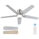 POCHFAN 52 Inch Ceiling Fans With Lights and Remote, Brushed Nickel Flush Mount Low Profile Ceiling Fan for Bedroom, Living Room, Patio, Dimmable 6 Speeds Noiseless Reversible POCHFAN