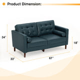ACMEASE 67" Premium Faux Leather 2-Seater Sofa with 2 Bolster Pillows and Tufted Backrest, Mid-Century Modern Loveseat Sofa, Luxury Couch for Living Room, Bedroom, Office, Blue ACMEASE
