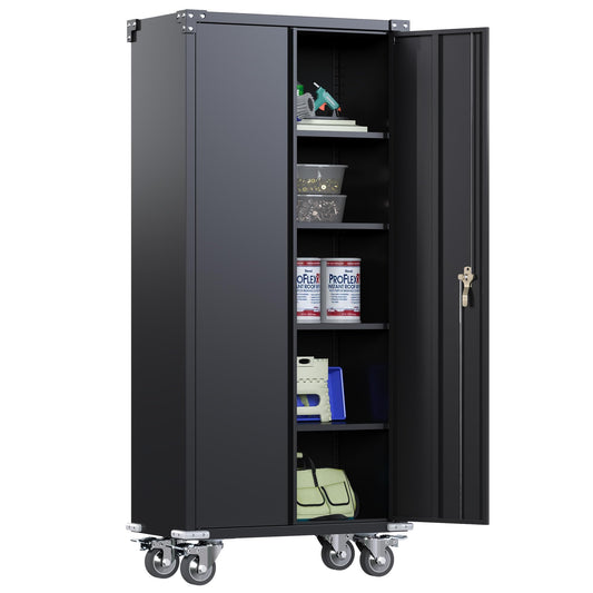 Reemoon Metal Storage Cabinet with Wheels, 72" Tall Garage Storage Cabinet with 5 Tier Shelves and Locking Doors, Rolling Tool Cabinet for Garage Home Office Utility Room (Black)-Required Assembly