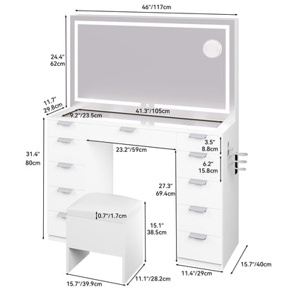 YITAHOME Vanity Desk Set with Large LED Lighted Mirror & Power Outlet, Glass Top Vanity with 11 Drawers and Magnifying Glass, 46'' Makeup Vanity with