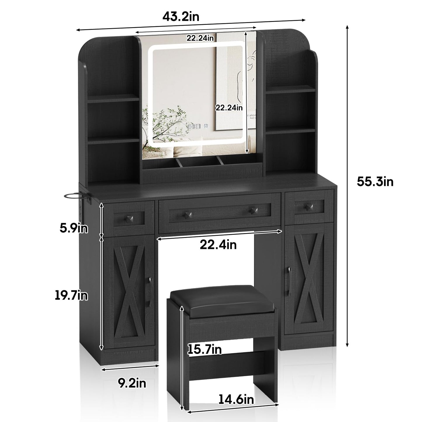 Vabches Black Vanity Desk, Vanity Mirror with Lights, Makeup Vanity Desk with Stool, Vanity Table with Large Storage Drawers and Shelves, Time and Temperature Display, 3 Led Lighting Modes Ad - WoodArtSupply