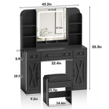 Vabches Black Vanity Desk, Vanity Mirror with Lights, Makeup Vanity Desk with Stool, Vanity Table with Large Storage Drawers and Shelves, Time and Temperature Display, 3 Led Lighting Modes Adjustable Vabches