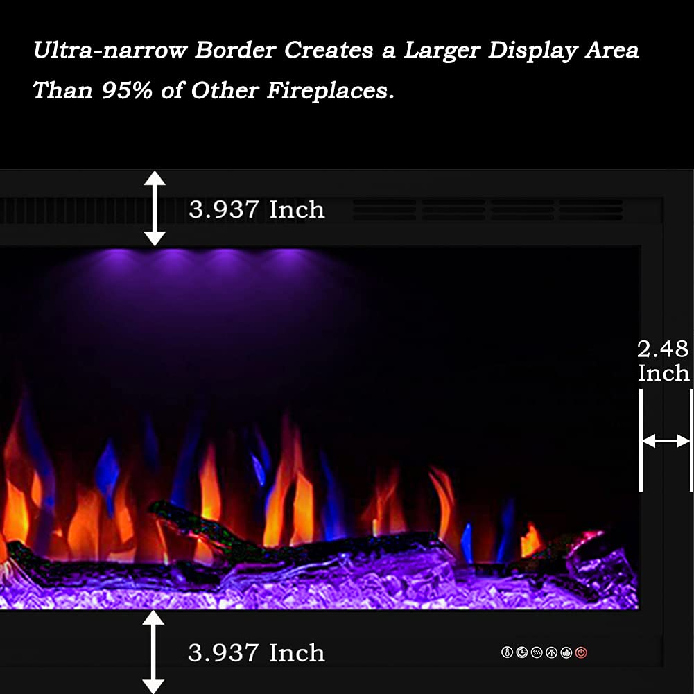 Masarflame Luxurious 60" Electric Fireplace, Wall Mounted&in Wall Recessed Fireplace Heater, Adjustable Flame Color & Top Light, Remote&Touch Control with Timer&Thermostat, Log & Crystal Set