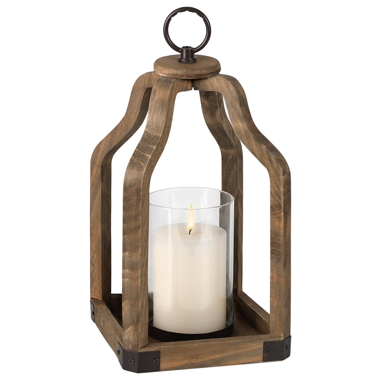 Rustic Wood Lantern Candle Holder for Farmhouse Decor - Indoor and Outdoor Table Centerpiece with Glass Hurricane, 13" High